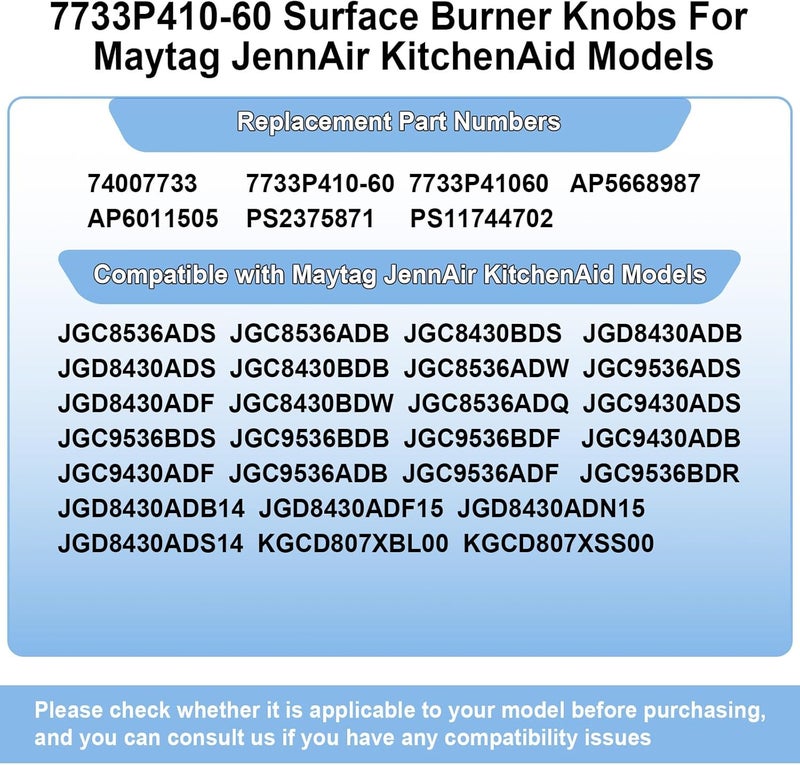 Gesleben Upgrade 7733P410-60 Surface Burner Knobs Compatible with May-tag/Jenn-Air/Kitchen-Aid/Whirlpool Gas Cooktop Stove, Control Knob Replacement Part 74007733, AP5668987, PS2375871, AP6011505-6 Pack - Image 2